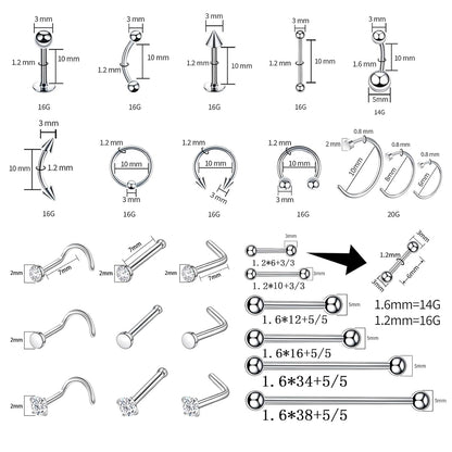 80PCS Nose Piercing Kit: Stainless Steel Body Piercing Jewelry with 12G, 14G, 16G, 20G Needles for Ear, Nose, Lip, Eyebrow