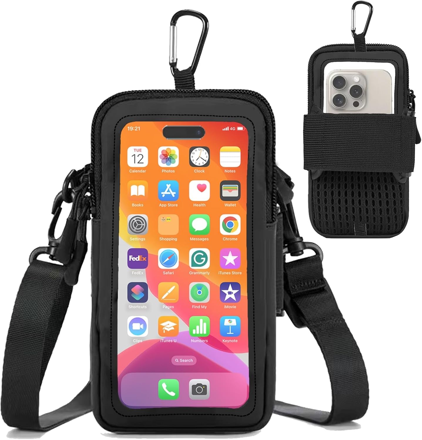 Adjustable running armband phone holder on athlete's arm during jog