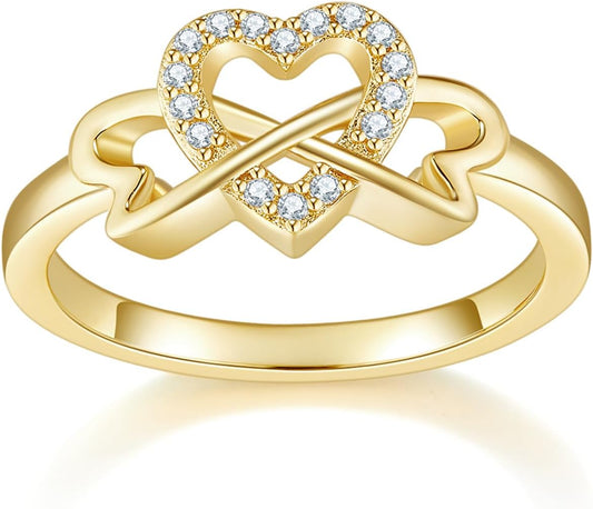 MINDDHA 14K Gold Plated Cubic Zirconia Rings- Love Heart Infinity Eternity Band for Women- Wedding Rings- 2Mm Band Size 4-12