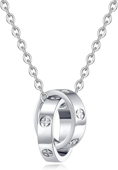 18K Gold-Plated Interlocking Circles Love Necklace for Women, Adjustable Stainless Steel Silver Pendant Necklace, Unique Gifts for Women on Birthday Christmas Valentines