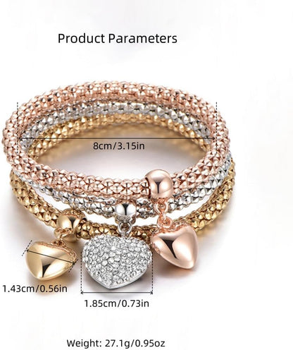 Hebelee 3 PCS Love Heart Pendant Wrist Bangles Bracelets Set for Women Clear Crystal Resin Corn Stacking Wristband Elastic Adjustable Cuff Wrap Bracelet Lightweight Retro Chic Geometric Jewelry