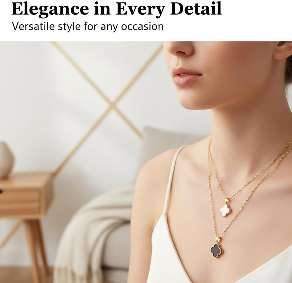 2-Piece 18K Gold Plated Four Leaf Clover Necklace Set | Dainty Lucky Charm Jewelry for Women | Gift for Valentine’S Day, Anniversary & Wedding (Black/White)