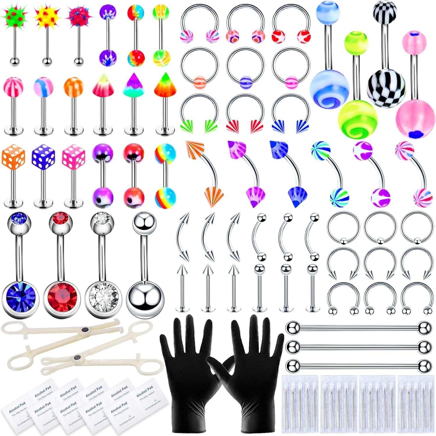 A-Minusone 84PCS Body Septum Piercing Kit 14G 16G Tools for Nose Tongue Lip Ear Eyebrow Belly Button Cartilage Tragus Industrial Barbell Helix Daith Piercing Jewelry Clamps