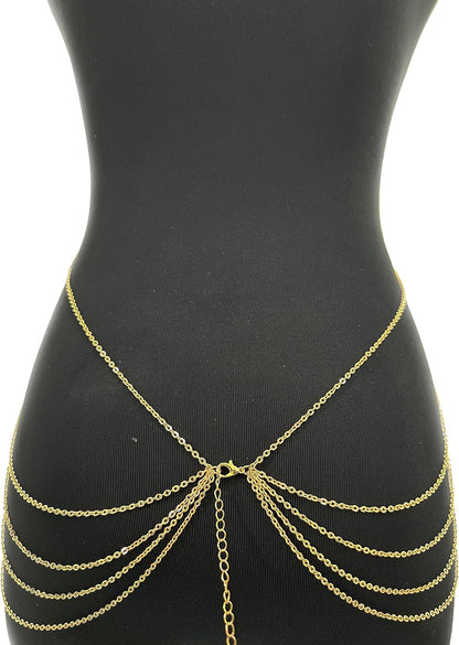 Harness Body Chain Sexy Layered Tassel Belly Waist Chain Necklace Boho Hot Bikini Nightclub Party Beach Body Jewelry for Women and Ladies Gold Tone