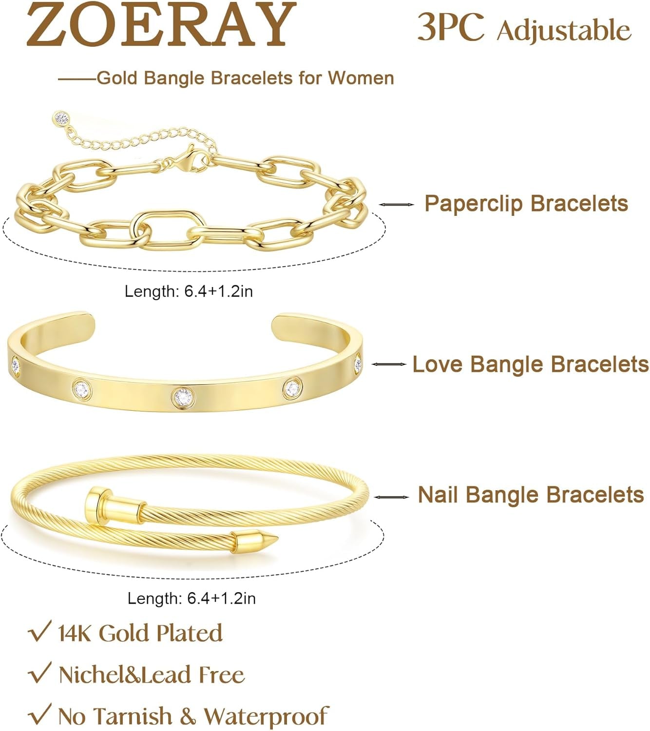 ZOERAY Silver Gold Bangle Bracelets for Women Non Tarnish 14K Gold Plated Stackable Cuff Bracelets for Women Trendy Cubic Zirconia Stainless Steel Chunky Bracelet Stack Set Waterproof Jewelry Gifts