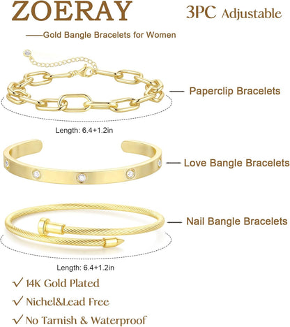 ZOERAY Silver Gold Bangle Bracelets for Women Non Tarnish 14K Gold Plated Stackable Cuff Bracelets for Women Trendy Cubic Zirconia Stainless Steel Chunky Bracelet Stack Set Waterproof Jewelry Gifts