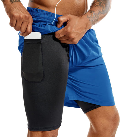 TENJOY Men'S 2 in 1 Running Shorts 5 in or 7 in Quick Dry Gym Athletic Workout Shorts for Men with Phone Pockets
