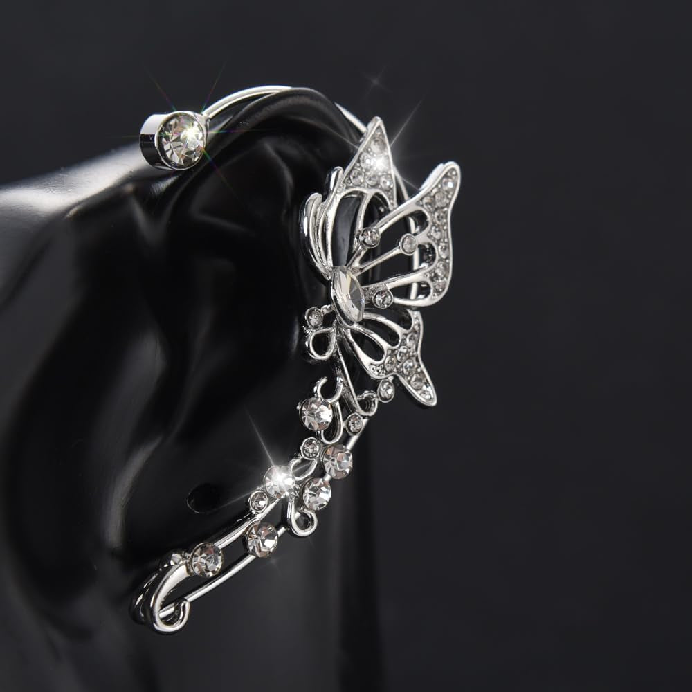Silver Metal Butterfly Ear Clips without Piercing for Women Sparkling Zircon Ear Cuff Clip Earrings Wedding Jewelry
