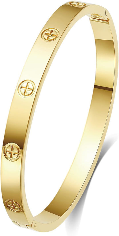 18K Gold-Plated Love Bangle Bracelets for Women, Silver Cross Bangle Bracelets, Waterproof Stainless Steel Friendship Jewelry, Valentines Christmas Birthday Gifts for Her