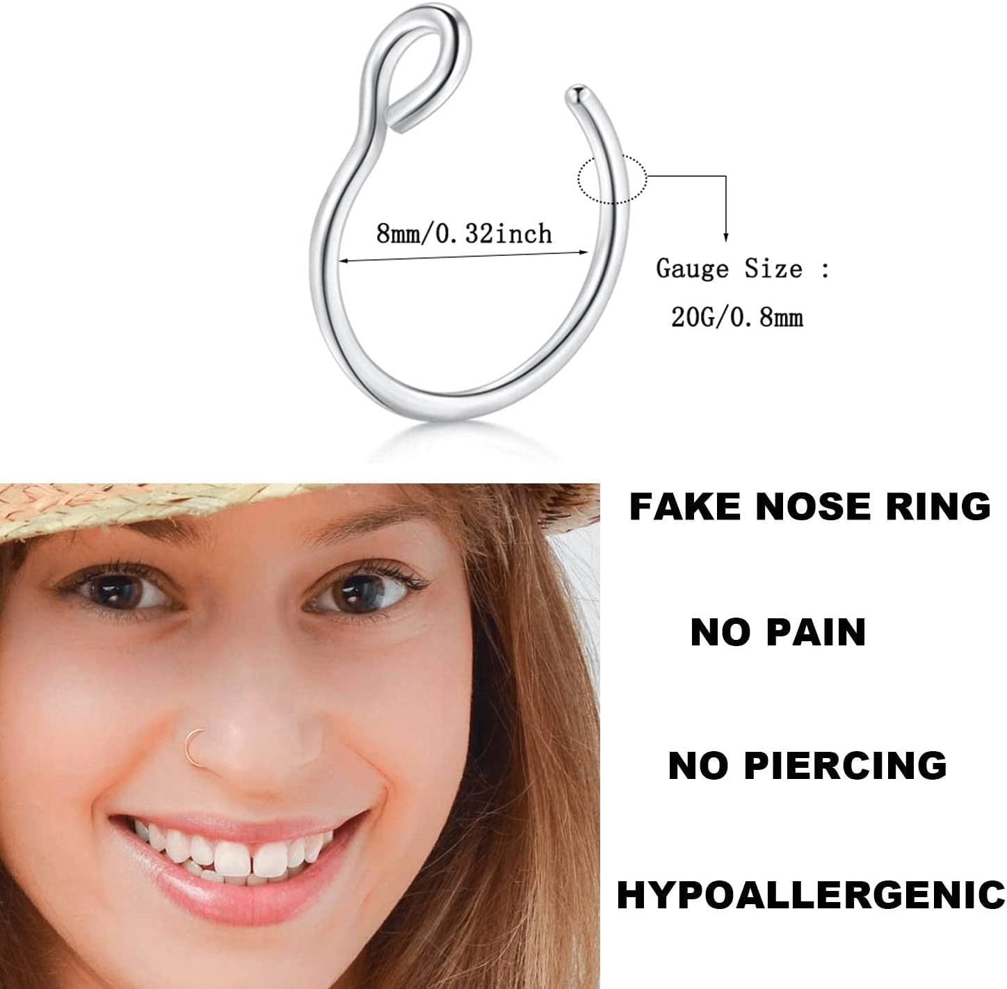Fake Nose Rings,Faux Piercing Jewelry 20G 8Mm Fake Nose Ring Hoop for Faux Lip Septum Nose Ring Set