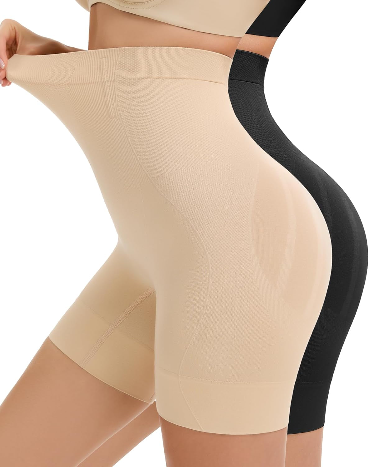 High waisted compression shorts worn under various dress styles