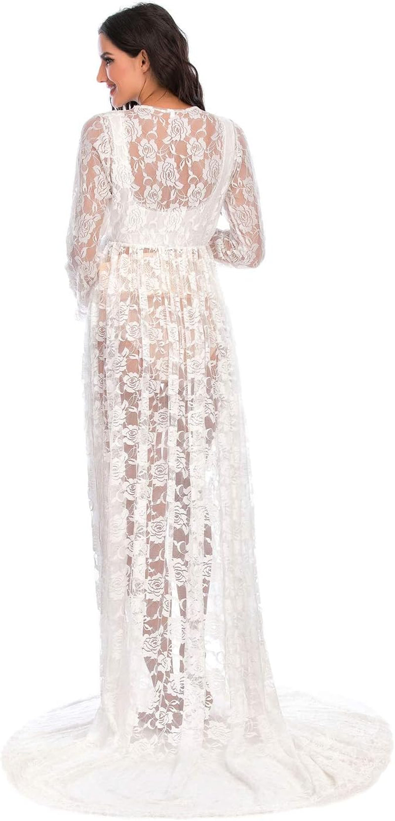 ZIUMUDY Maternity Deep V-Neck Split Front See-Through Maxi Lace Dress for Photography with Long Sleeve