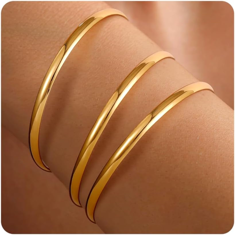 18K Gold Plated Bangles for Women Stainless Steel Glossy Stackable Thin round Bracelets Solid Plain Polished Bangles Bracelets Set of 3 Jewelry for Women
