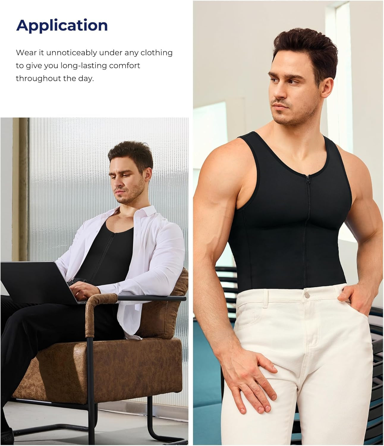 Before and after results wearing men's tummy control tank