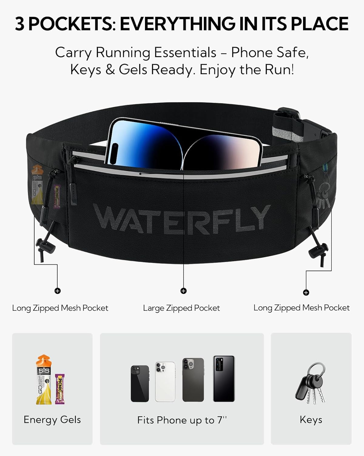 Woman demonstrating comfortable fit of WATERFLY hydration belt during jogging