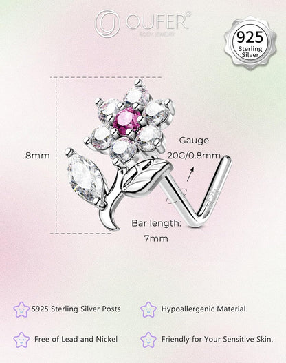 OUFER 925 Sterling Silver Nose Studs, Cute Flower Nose Rings for Women, L-Shaped Pink Clear CZ Nostril Piercing Jewelry-7Mm