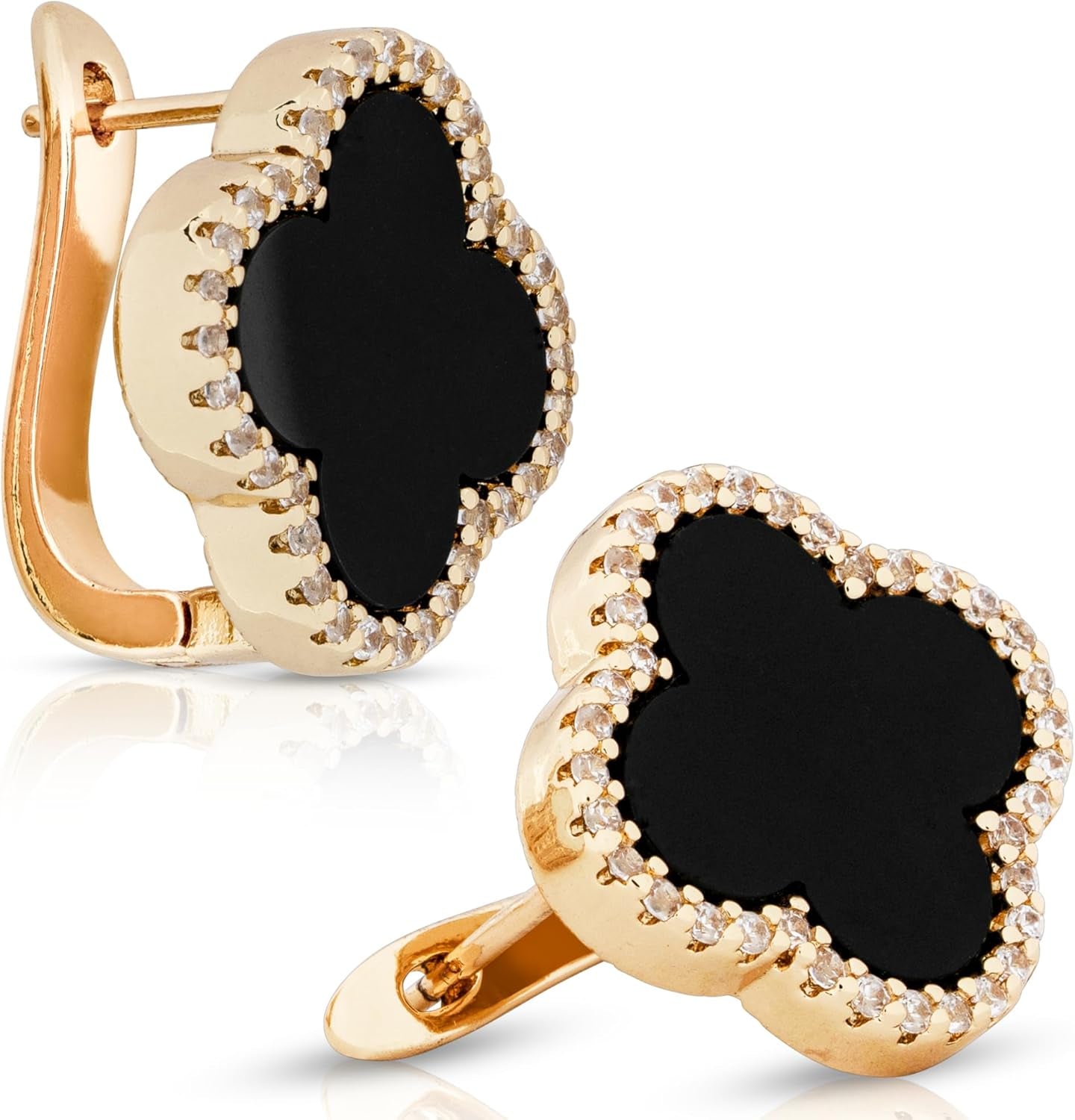 Four Leaf Clover Earrings 18K Gold Plated with Black Agate or White Shell | Mother of Pearl & Cubic Zirconia | Classic English Lock | Tarnish-Resistant Jewelry for Women
