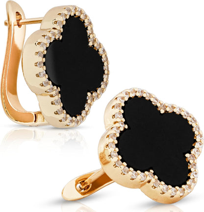 Four Leaf Clover Earrings 18K Gold Plated with Black Agate or White Shell | Mother of Pearl & Cubic Zirconia | Classic English Lock | Tarnish-Resistant Jewelry for Women
