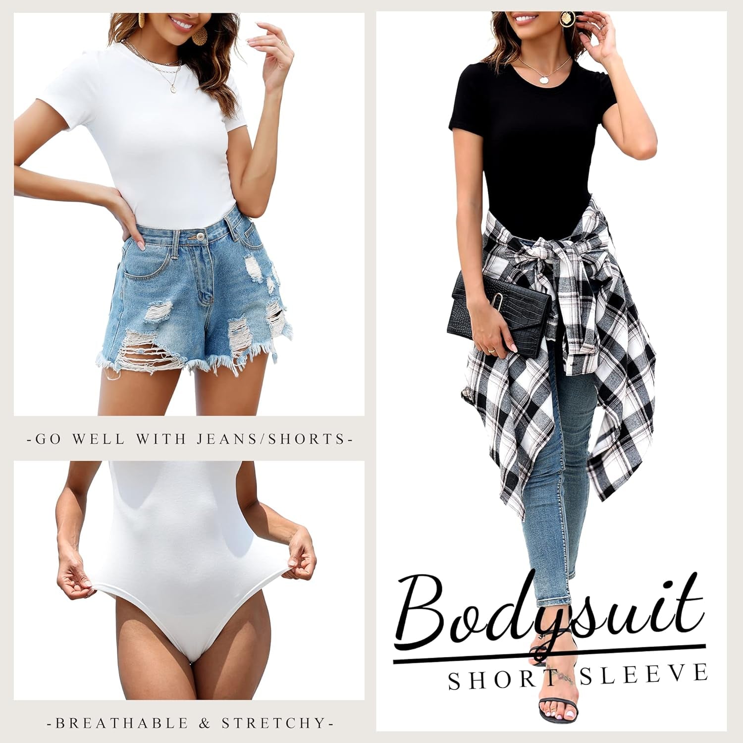 Womens casual bodysuits short sleeve ribbed texture detail