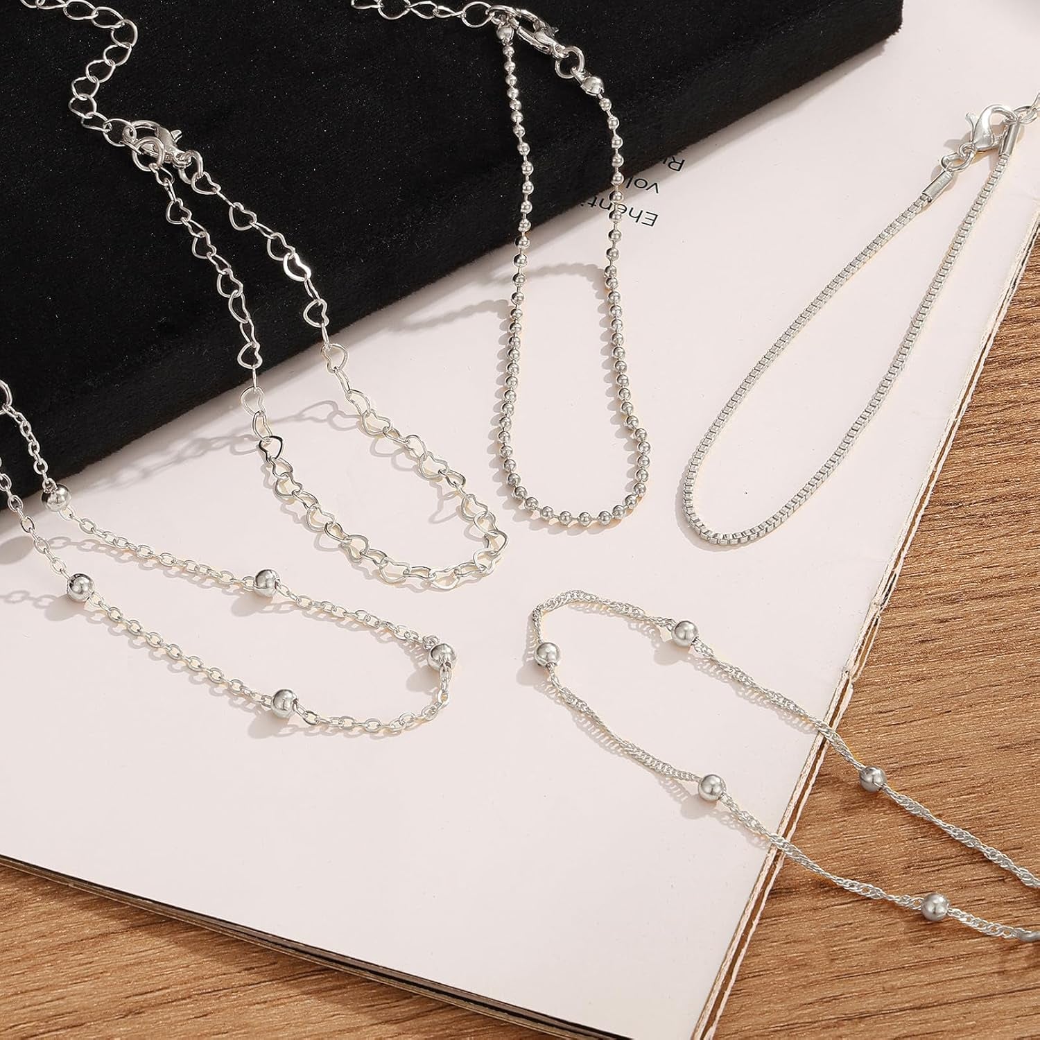 IFKM 5 PACK (35 PCS) Silver Chain Bangles Bracelets Set for Women, Silver Multiple Layered Stackable Open Cuff Bangle Anklet Bracelet Trendy Elegance Link Beads Italian Boho Cuban Jewelry for Women Gift