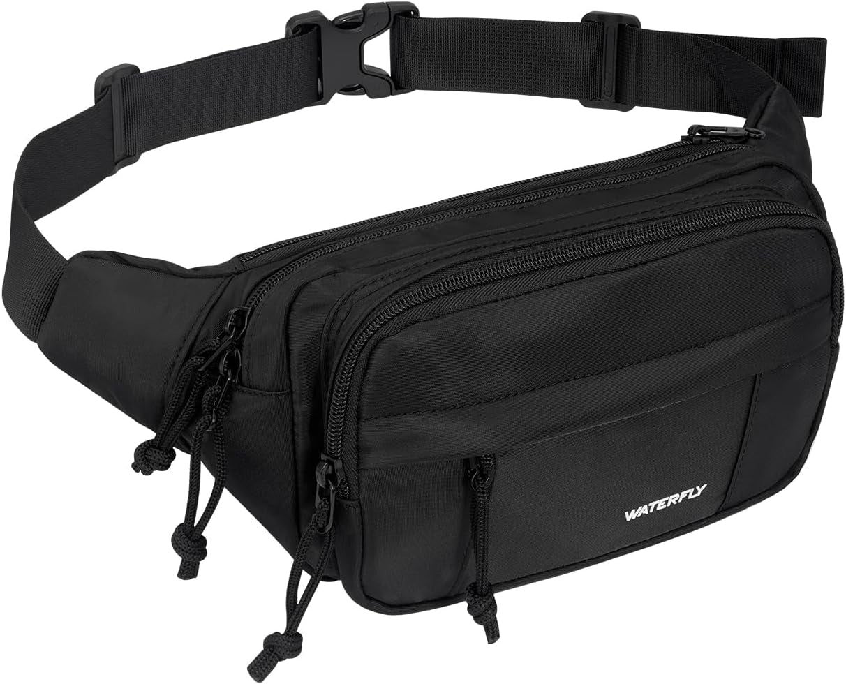 WATERFLY black large fanny pack waist bag with 5 zipper pockets