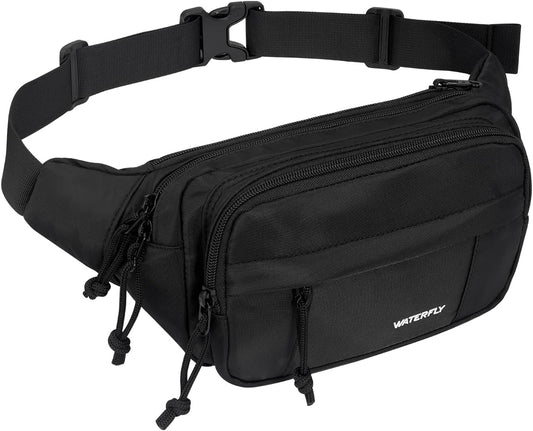 WATERFLY black large fanny pack waist bag with 5 zipper pockets