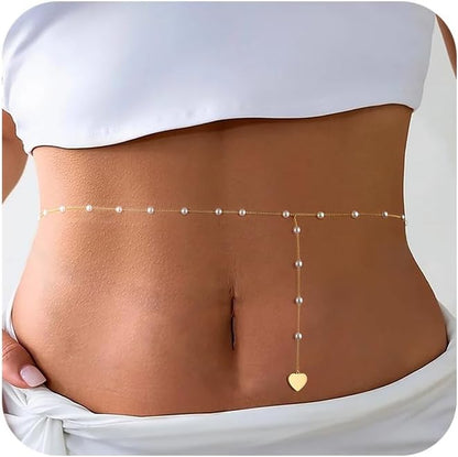 ASCOMY Waist Chains for Women 14K Gold Plated 2Pcs Body Chains Layered Cuban Pearl Satellite Beads Rope Coin Heart Pendant Belly Belt Body Chains Adjustable Bikini Body Jewelry for Women