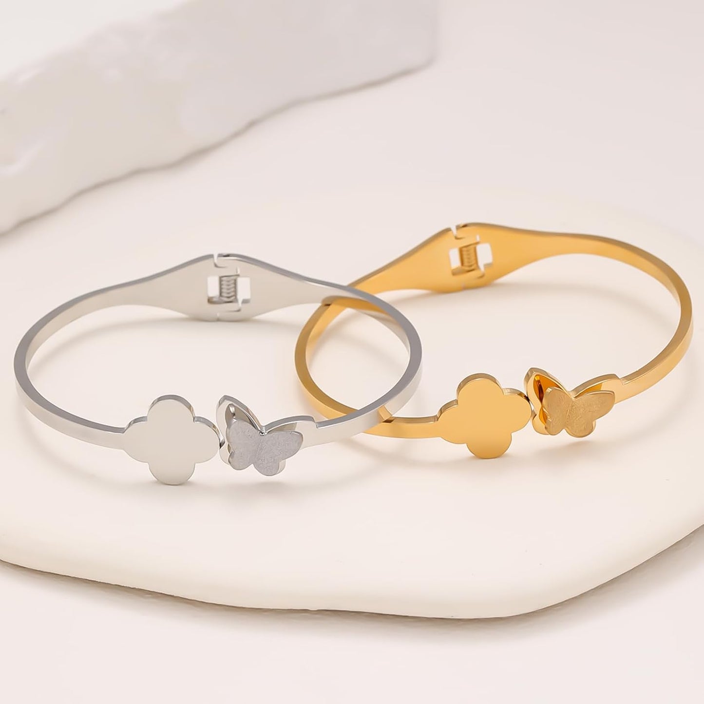 18 K Gold Plated Double Bangle Bracelet Stack Love Jewelry Set for Women Gift with Box (Butterfly)