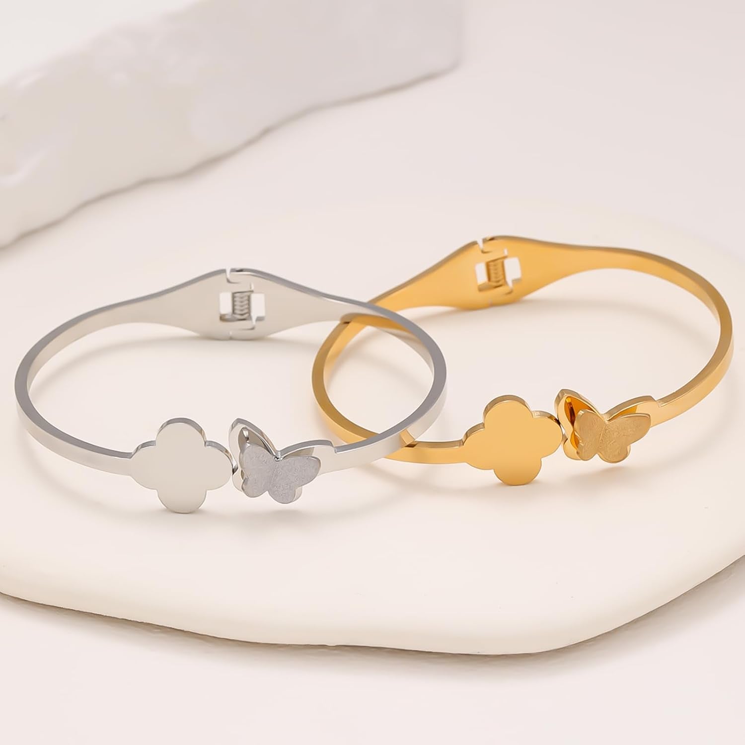 18 K Gold Plated Double Bangle Bracelet Stack Love Jewelry Set for Women Gift with Box (Butterfly)