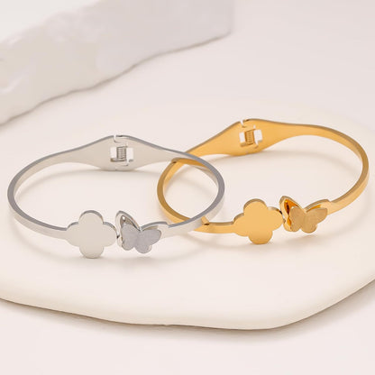 18 K Gold Plated Double Bangle Bracelet Stack Love Jewelry Set for Women Gift with Box (Butterfly)