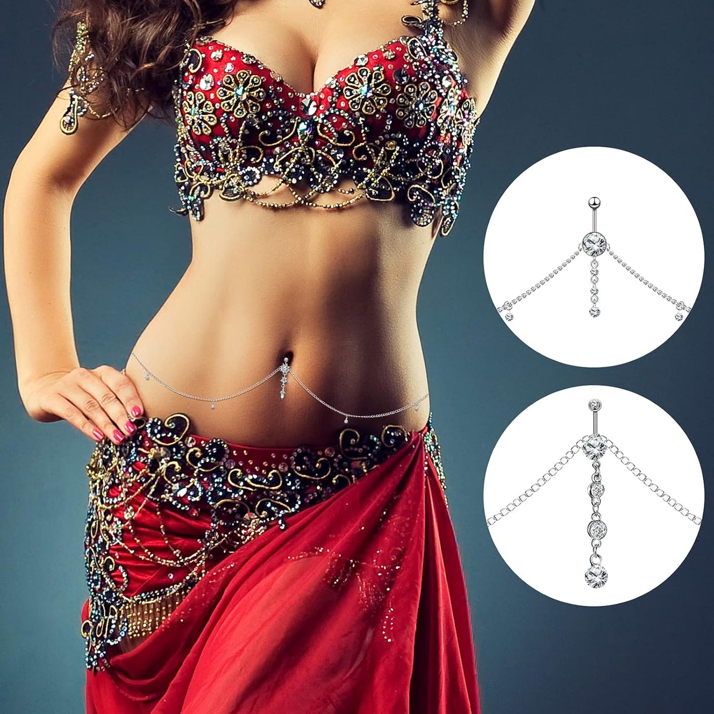 Hicarer 3 Pieces Crystal Belly Ring with Chain Rhinestone Waist Body Chain Bikini Belly Jewelry Beach Accessories Jewelry for Women Adults