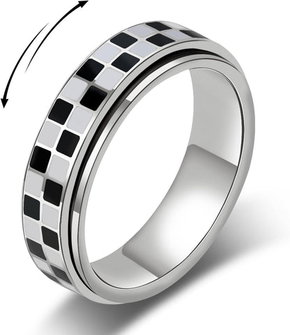 Black and white checkered fidget ring with rotating spinner band