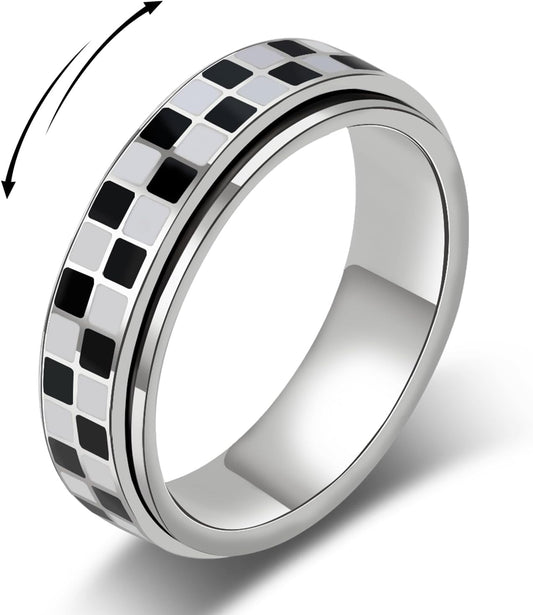 Black and white checkered fidget ring with rotating spinner band