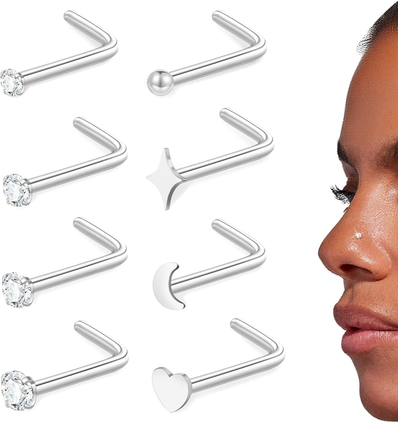 20G Nose Rings Stud for Women Surgical Steel Gold Silver Nose Ring L Shaped Corkscrew Nose Studs Hypoallergenic Small 1.5/2/2.5/3Mm CZ Cute Heart Star Moon Ball Nose Piercing Studs Jewelry Set 8Pcs