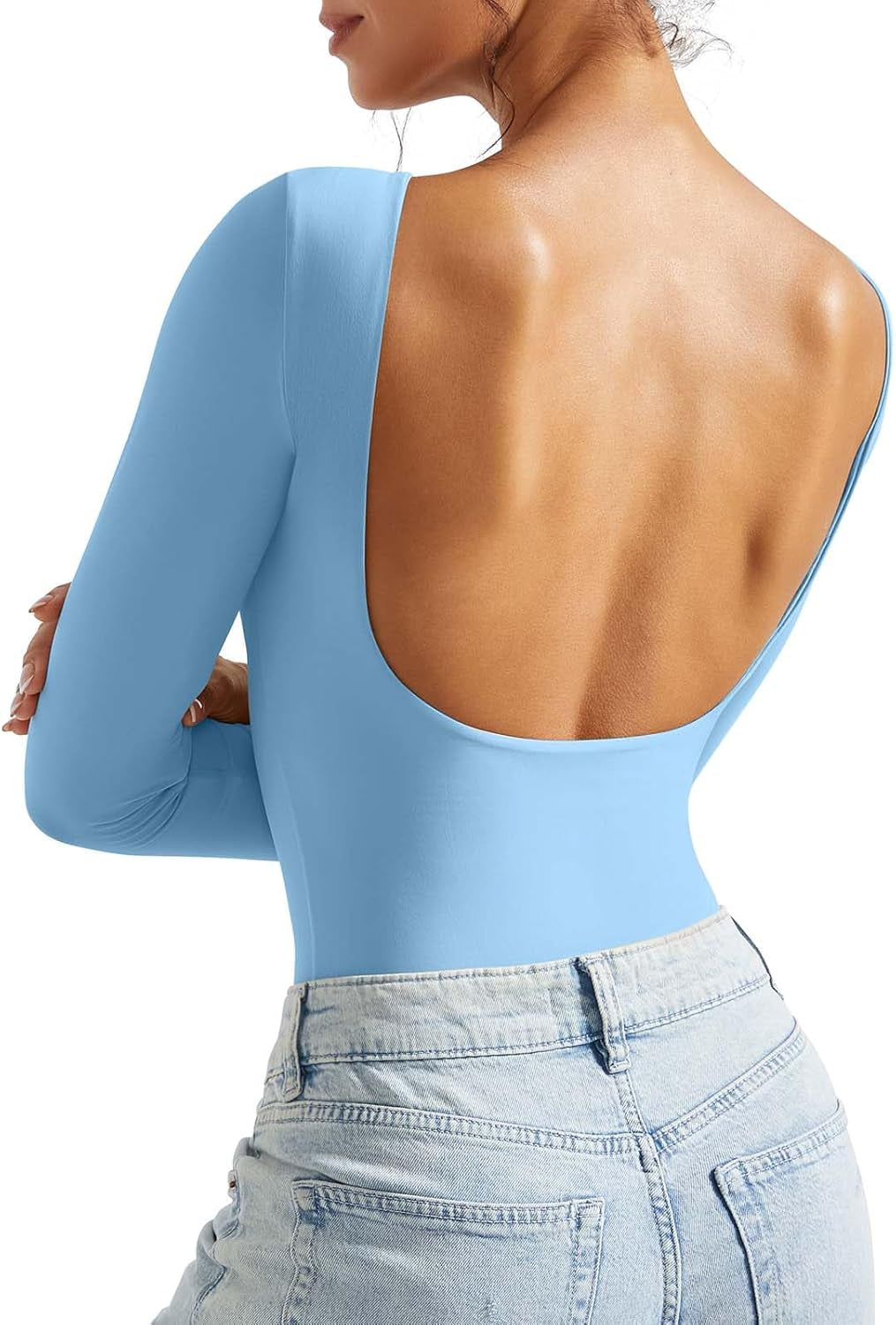 SUUKSESS Women Backless Y2K Long Sleeve Bodysuit Double Lined Open Back Sexy Basic Top