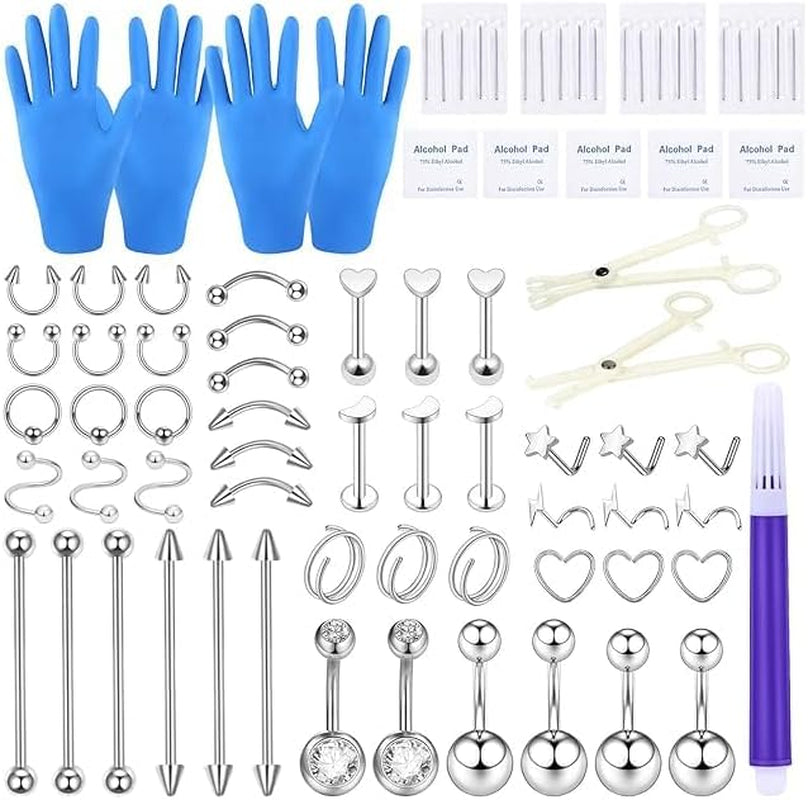 Xpircn Piercing Kit 316L Stainless Steel Belly Button Ring Ear Nose Septum Piercing Jewelry 20G 18G 16G 14G 12G Piercing Tools with Clamps Gloves for Body Piercing