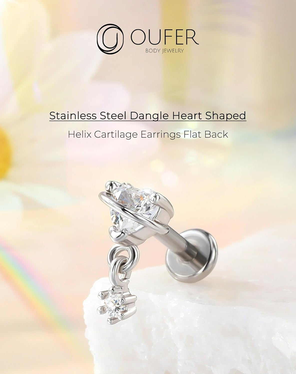 OUFER Heart Planet Helix Piercing Jewelry, 16G Internally Threaded Flat Back Piercings Silver Helix Cartilage Tragus Conch Piercing Jewelry for Women Men-6Mm