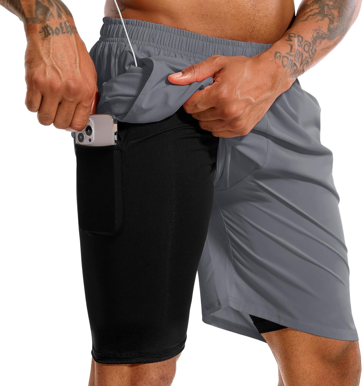 TENJOY Men'S 2 in 1 Running Shorts 5 in or 7 in Quick Dry Gym Athletic Workout Shorts for Men with Phone Pockets