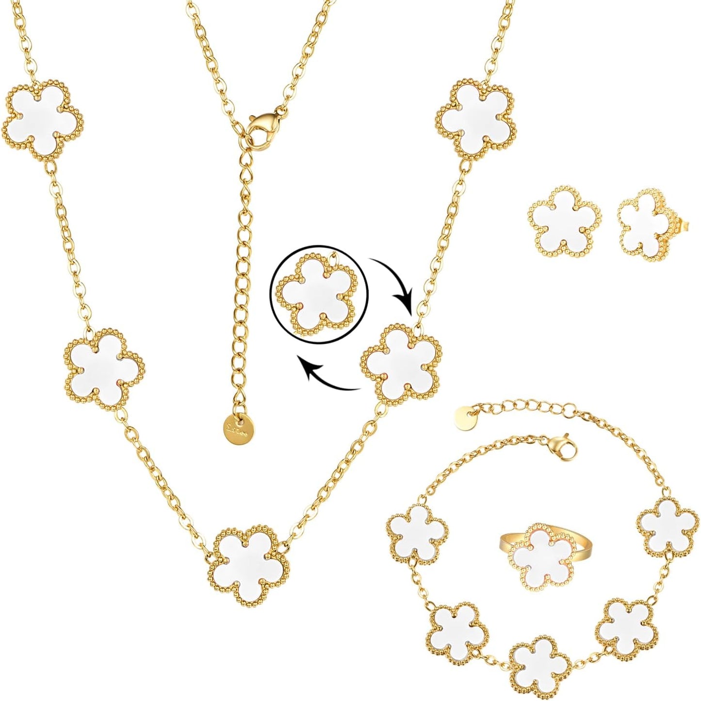 14K Gold Plated Double Sided Clover Bracelet Earring Necklace Rings Clover Sets for Women Lucky Jewelry