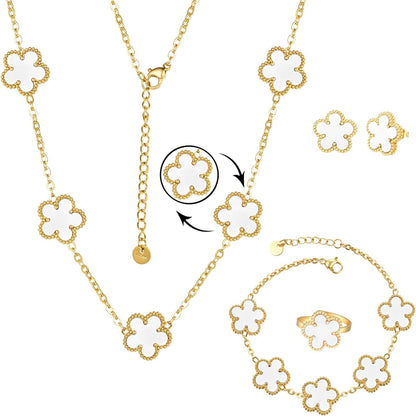 14K Gold Plated Double Sided Clover Bracelet Earring Necklace Rings Clover Sets for Women Lucky Jewelry