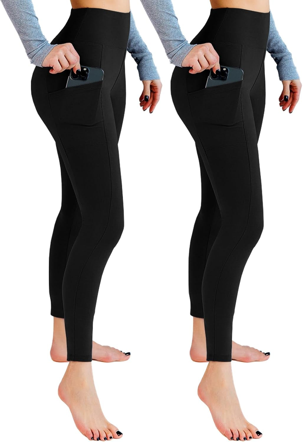 Black high waisted leggings with pockets front view on model