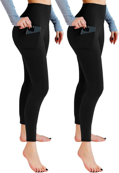 Black high waisted leggings with pockets front view on model