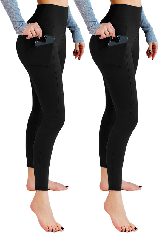 Black high waisted leggings with pockets front view on model