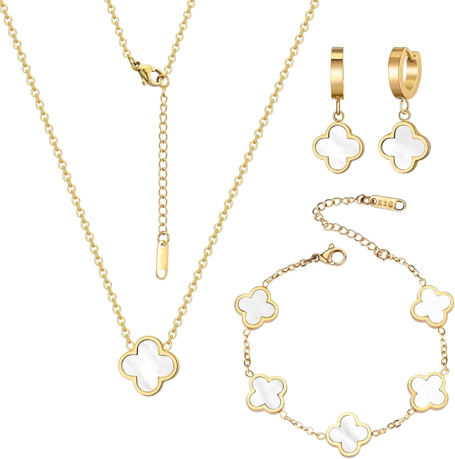 18K Gold Plated Lucky Clover Jewelry Set Black White and Red Four Leaf Clove Bracelet Necklace and Earrings Fashion Birthday Gifts for Women