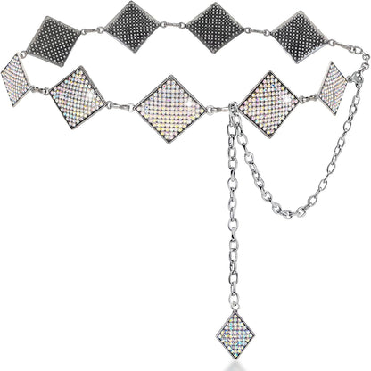 Bling Rhinestone Concho Belt for Women Dazzled Chain Belt Silver Rhombus Western Sparkly Crystal Belt for Dress