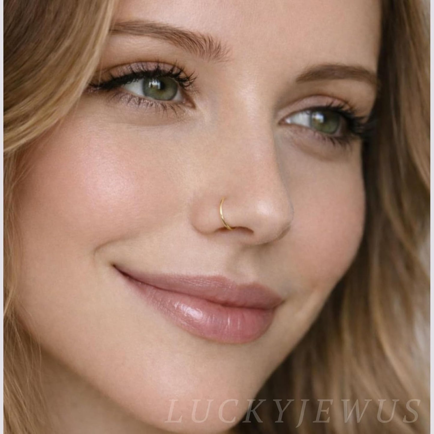 LUCKYJEWUS Fake Nose Ring Hoop, 14K Gold Filled or 925 Sterling Silver Small Clip-On Faux Nose Cuff for Women & Men, No Piercing Needed