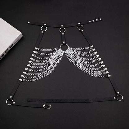 Punk Leather Body Chains for Women Layered Waist Belly Chain Belt Black Chest Chain Gothic Party Rave Body Jewelry