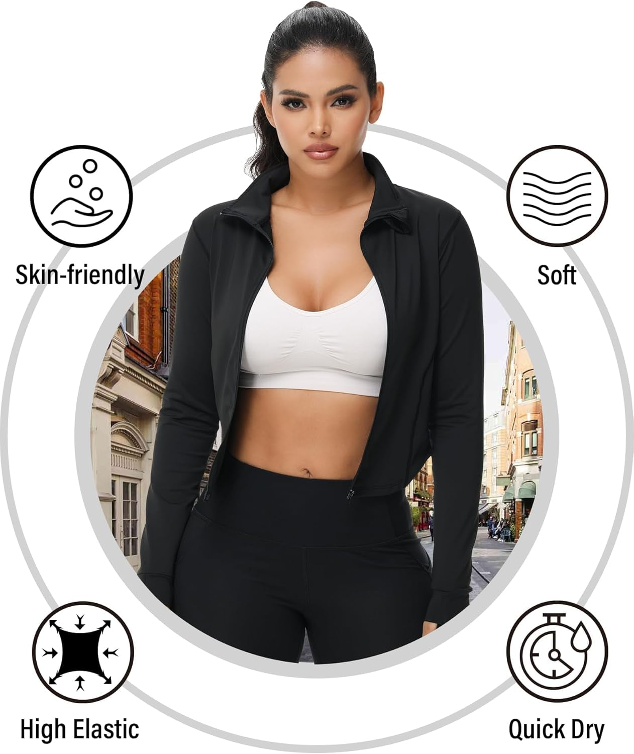 Woman wearing Dalavch cropped workout jacket during yoga practice