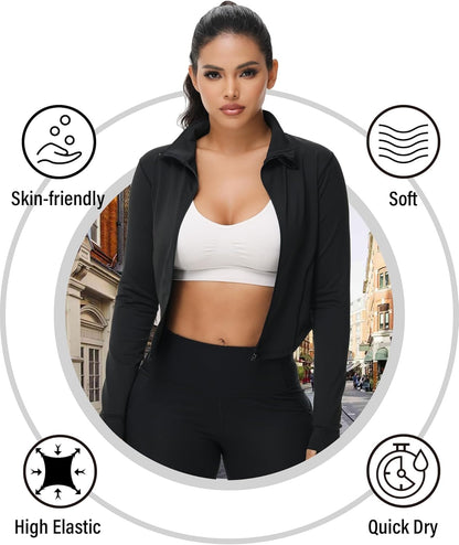 Woman wearing Dalavch cropped workout jacket during yoga practice