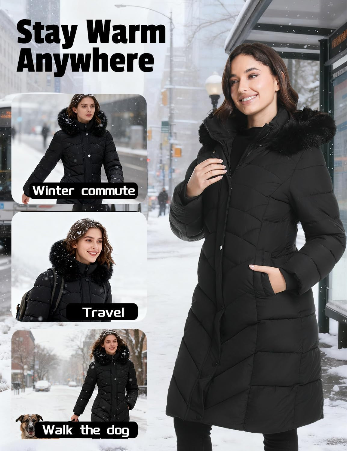 Back view of long heated coat for women with fur hood